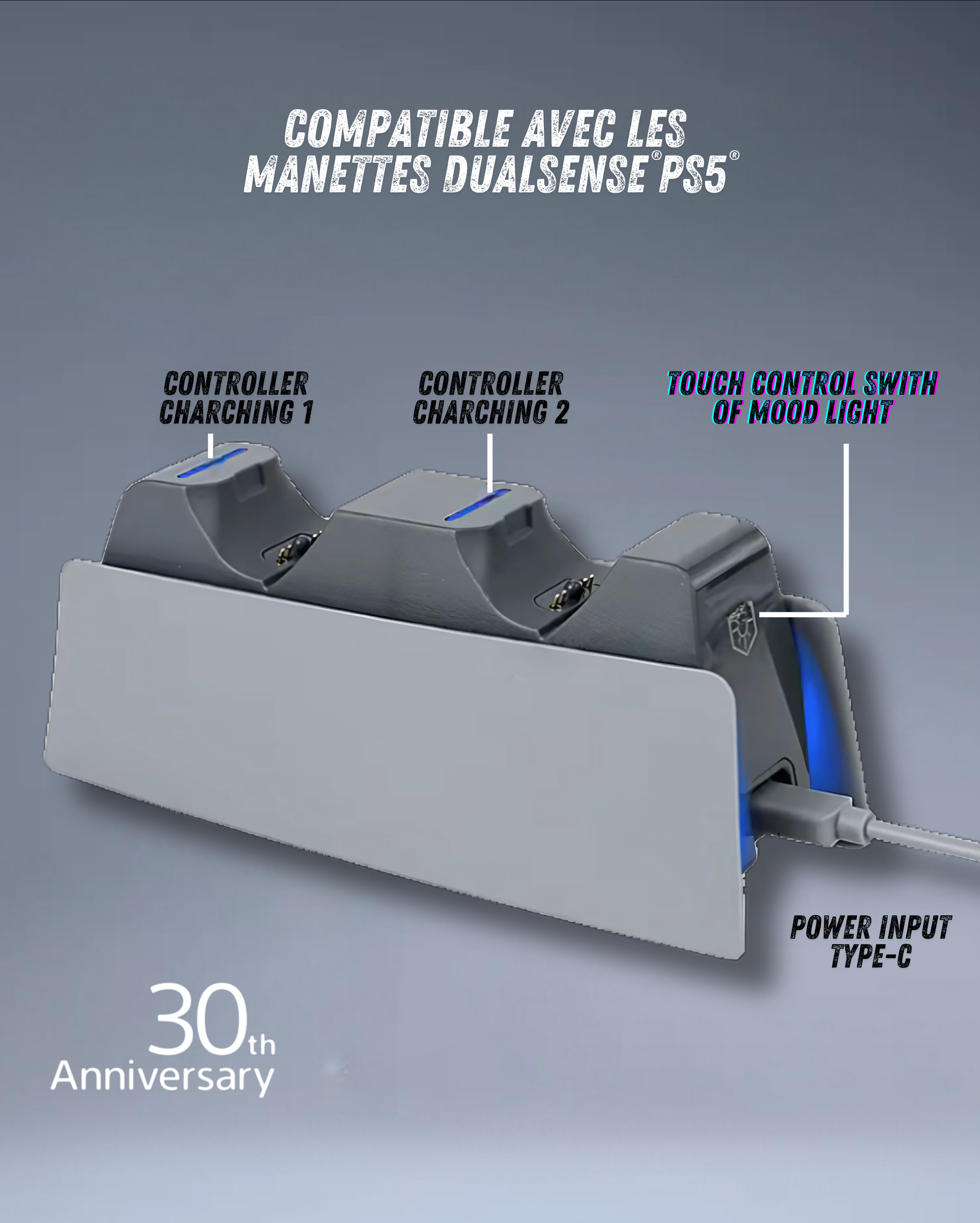 Station de Charge Compatible Manettes PS5™ – Édition 30e Anniversaire | Chargeur Double Rapide avec Indicateur LED – Support Design Rétro pour Gamers